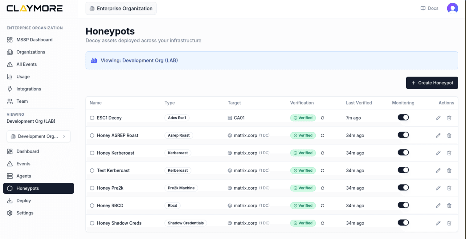 Claymore Decoy list showing each decoy, its type, target host or domain, and live verification status