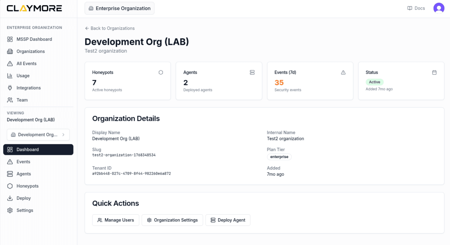 Claymore console dashboard showing decoy count, deployed agents, seven-day event count, and account status